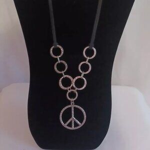 PEACE SIGN Silver Tone Pendant with Rhinestones Black Cord 22 in Metal